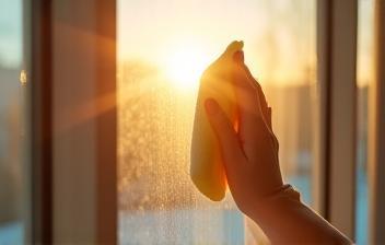 Cleaner polishing window glass with sunlight shining in